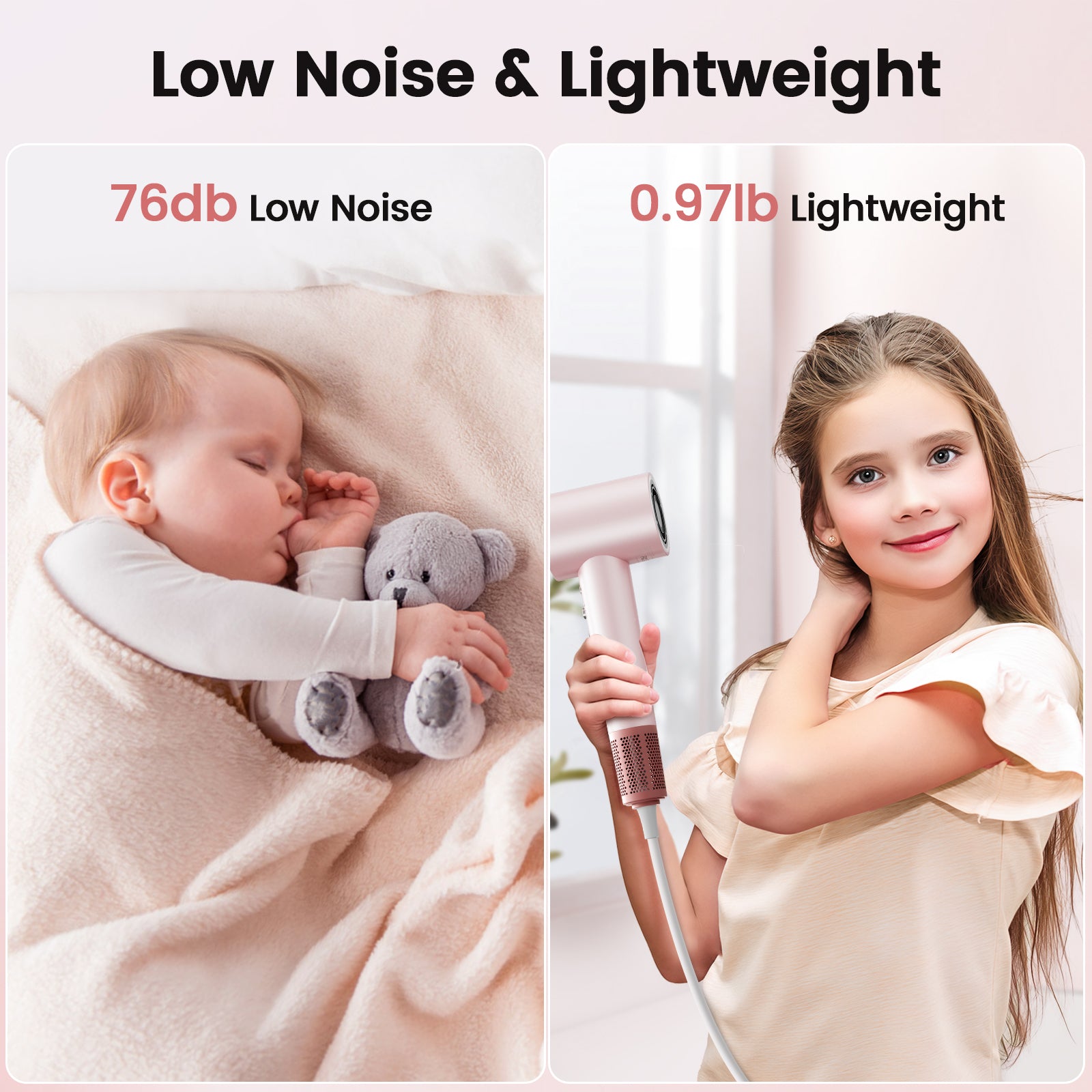 Hair Dryer, 110,000 RPM High-Speed Ionic Blow Dryer for Fast Drying, 1400W Professional Lightweight Hairdryer with Diffuser, Magnetic Nozzle, 4 Temps & 2 Speeds, Low Noise for Travel & Home - Pink